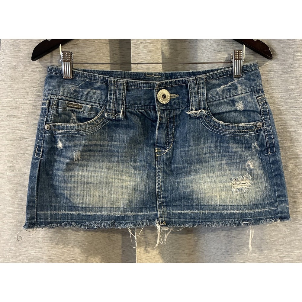 Y2K Aeropostale Denim Mini Micro Skirt junior 5/6 Distressed Raw Hem Low Rise